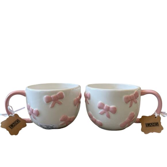 Lang Design Hand Painted Pink Bow Ceramic Teapot and Set of 2 Mugs New - Picture 12 of 16